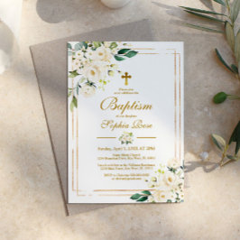 Invitación Flores blancas y bautismo Chica de marco dorado