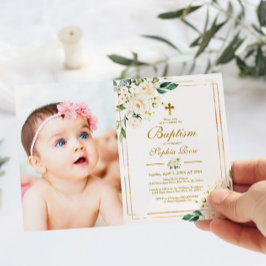 Invitación Flores blancas y bautismo con foto de marco dorado