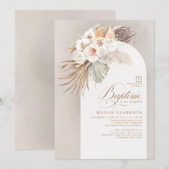 Invitación Flores blancas y bautismo de boho de pampas (Anverso / Reverso)