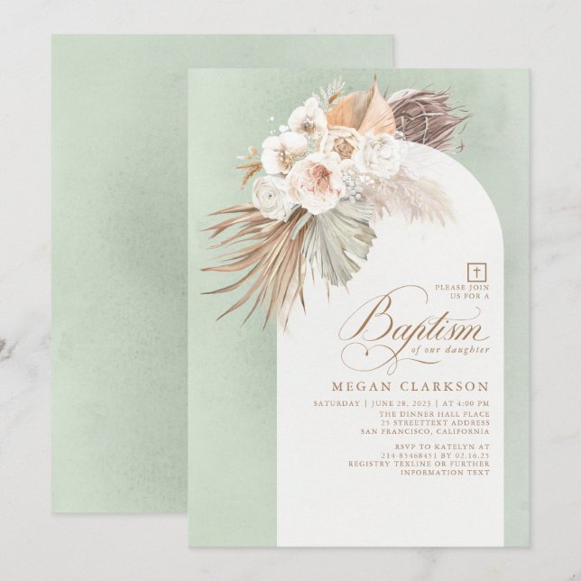 Invitación Flores blancas y bautismo de boho de pampas (Anverso / Reverso)
