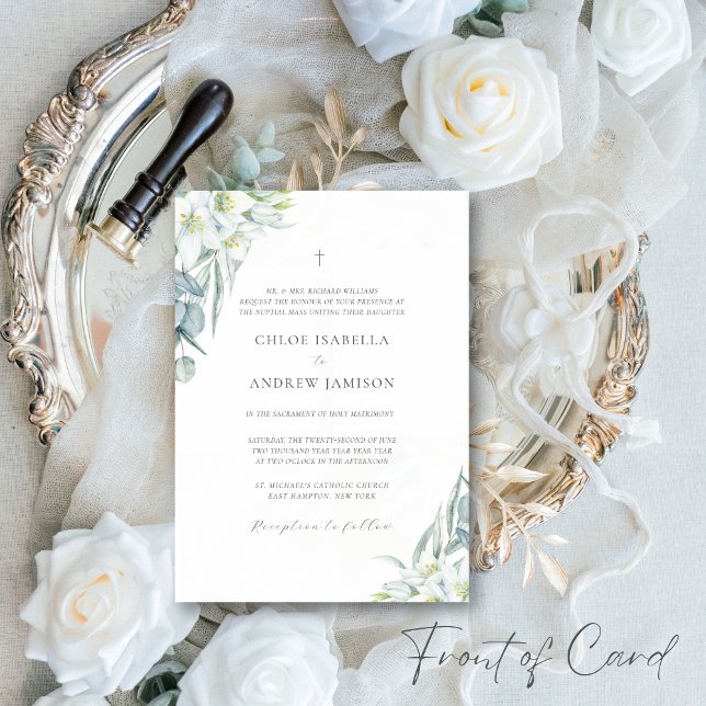 Invitación Flores blancas y Boda católico elegante de la vege (The elegant Chloe Catholic wedding invitation suite has a clean, minimalist aesthetic)