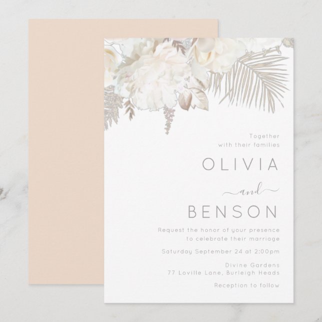Invitación Flores blancas y bohemias Boda moderno (Anverso / Reverso)