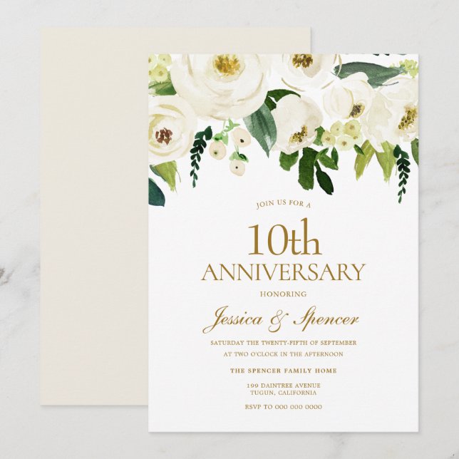 Invitación Flores blancas y crema 10º aniversario de bodas (Anverso / Reverso)