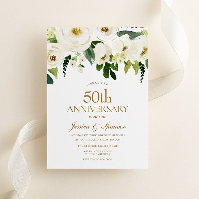 Invitación Flores blancas y crema 50 aniversario de boda (Subido por el creador)