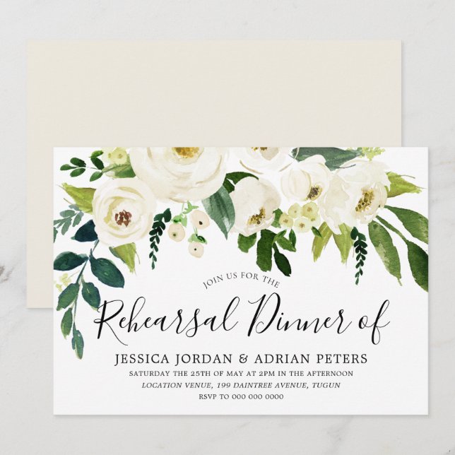 Invitación Flores blancas y crema elegante cena de ensayo (Anverso / Reverso)