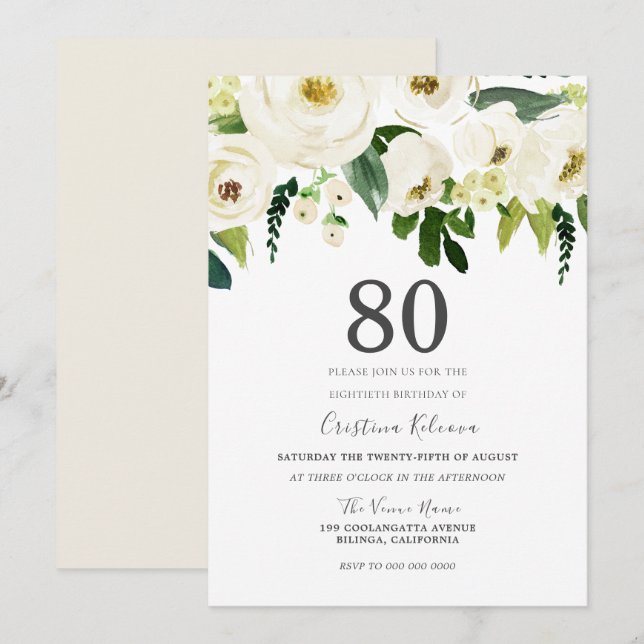 Invitación Flores blancas y crema elegante fiesta de cumpleañ (Anverso / Reverso)