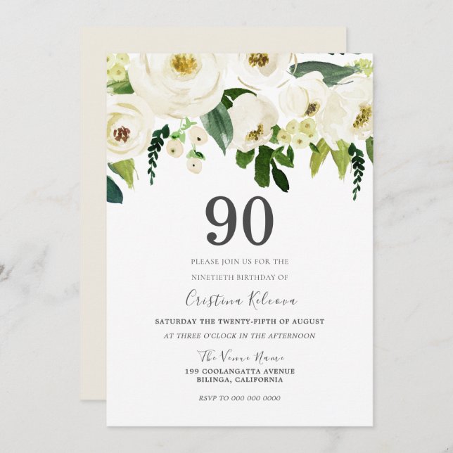 Invitación Flores blancas y crema elegante fiesta de cumpleañ (Anverso / Reverso)