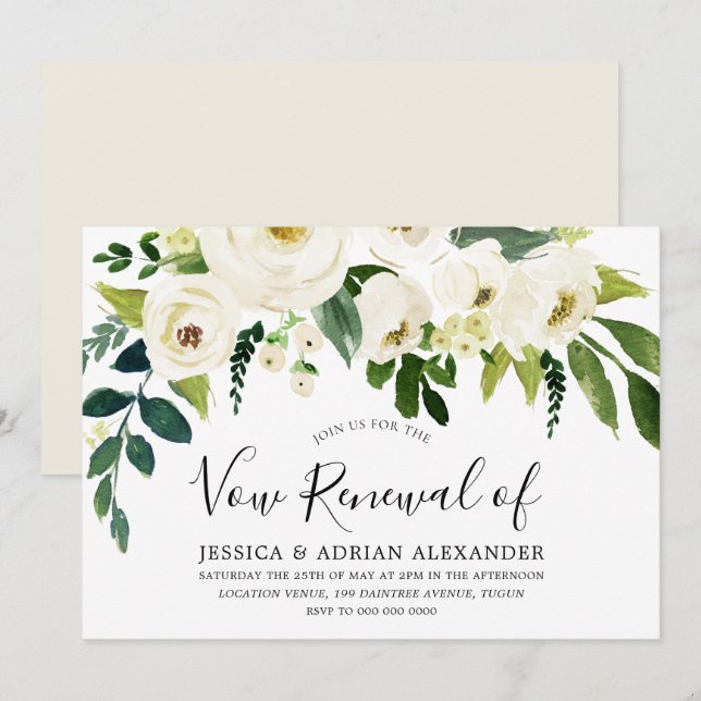 Invitación Flores blancas y crema Elegante Renovación de Voto (Anverso / Reverso)