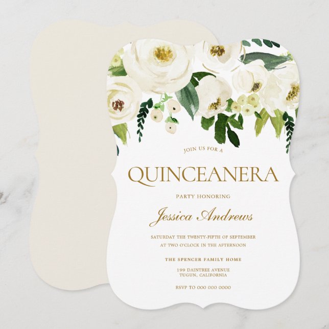 Invitación Flores blancas y crema Fiesta Quinceanera (Anverso / Reverso)