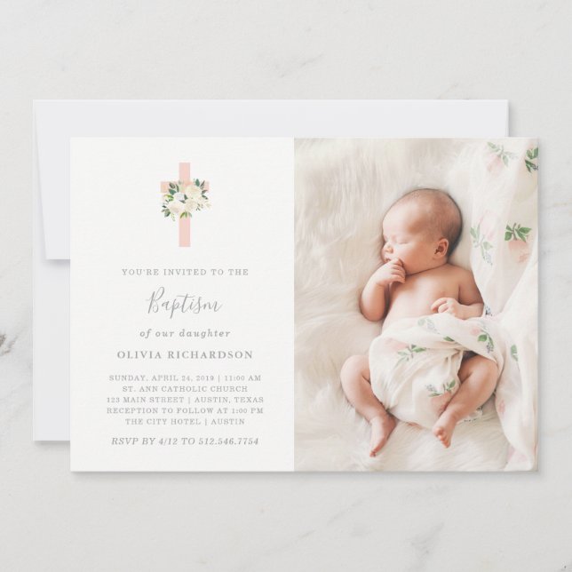 Invitación Flores blancas y crudas rosas| Baptismo fotográfic (Anverso)