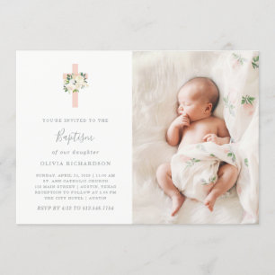 Invitación Flores blancas y crudas rosas  Baptismo fotográfic