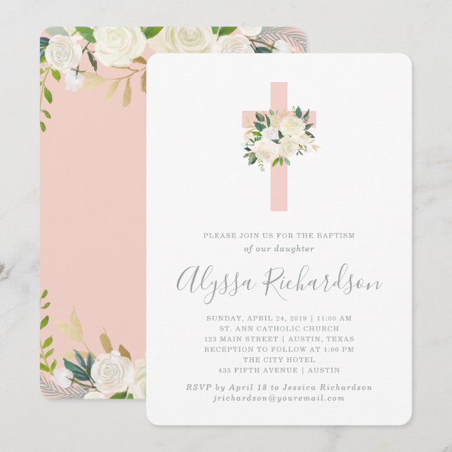 Invitación Flores blancas y cruzas rosas Rubor | Bautismo Chi (Anverso / Reverso)