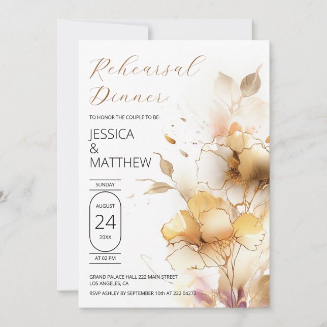 Invitación Flores blancas y doradas ensayo de boda (Anverso)