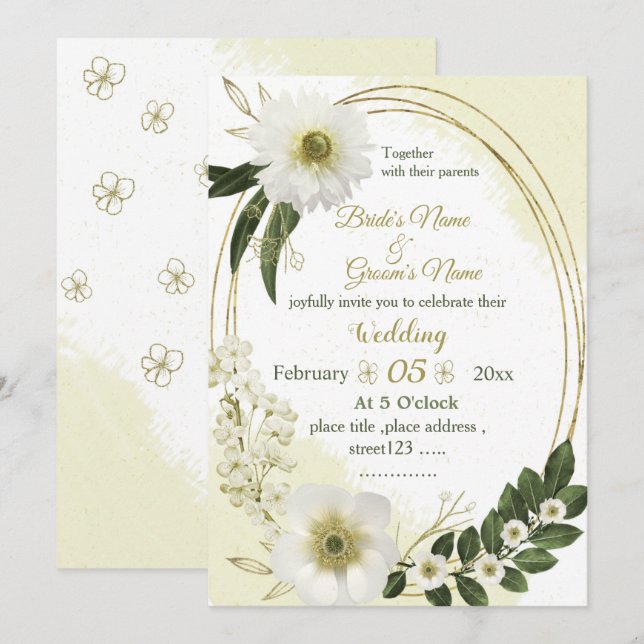 Invitación flores blancas y doradas vegetación geometría boda (Anverso / Reverso)
