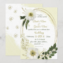 Invitación flores blancas y doradas vegetación geometría boda