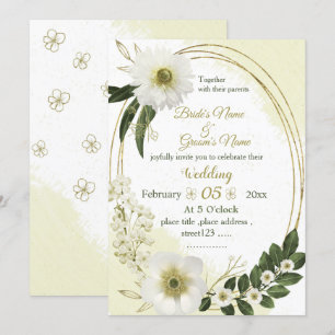 Invitación flores blancas y doradas vegetación geometría boda