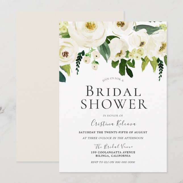Invitación Flores blancas y ducha de novia crema elegante (Anverso / Reverso)
