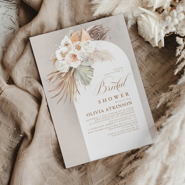 Invitación Flores blancas y ducha de novias de pampas (Boho Beige Bridal Shower Invitations)