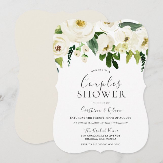 Invitación Flores blancas y ducha de pareja crema elegante (Anverso / Reverso)