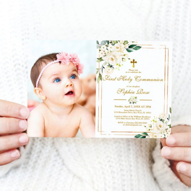 Invitación Flores blancas y foto dorada primera comunión sagr (Subido por el creador)