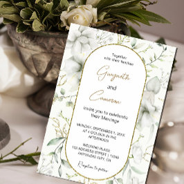 Invitación Flores blancas y hojas de oro