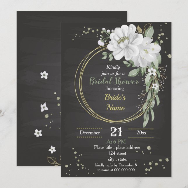 Invitación flores blancas y hojas verdes coronan la ducha de  (Anverso / Reverso)