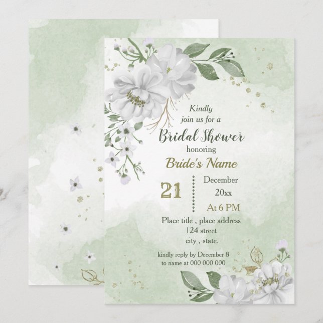 Invitación flores blancas y hojas verdes ducha de novia (Anverso / Reverso)