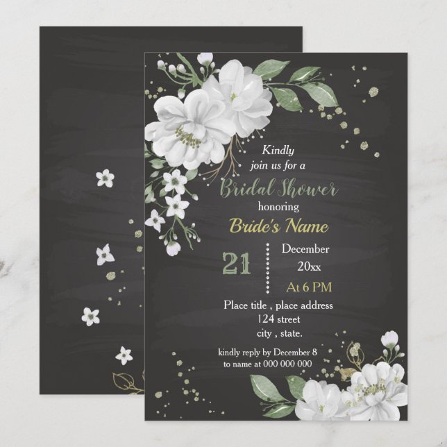 Invitación flores blancas y hojas verdes ducha de novia (Anverso / Reverso)