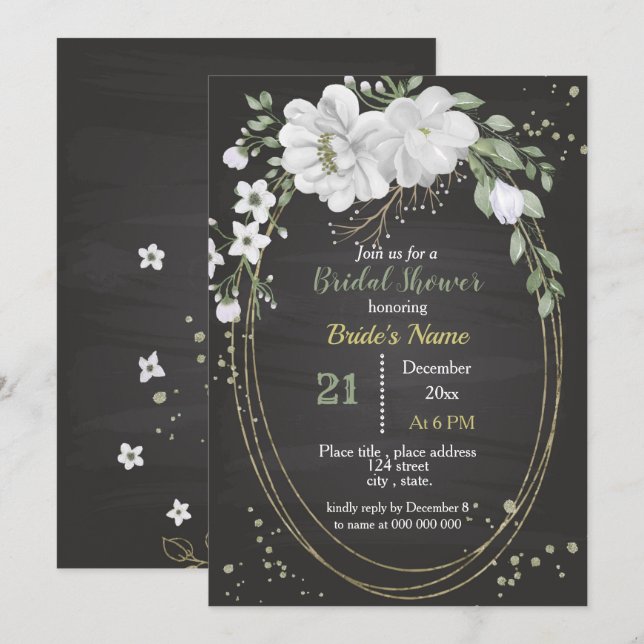 Invitación flores blancas y hojas verdes ducha oval de novia (Anverso / Reverso)