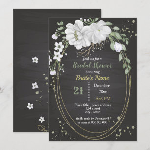 Invitación flores blancas y hojas verdes ducha oval de novia