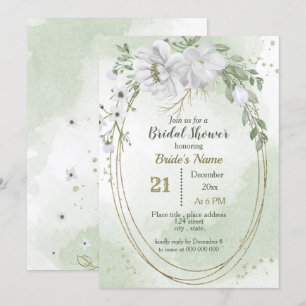 Invitación flores blancas y hojas verdes óvalo baby shower nu