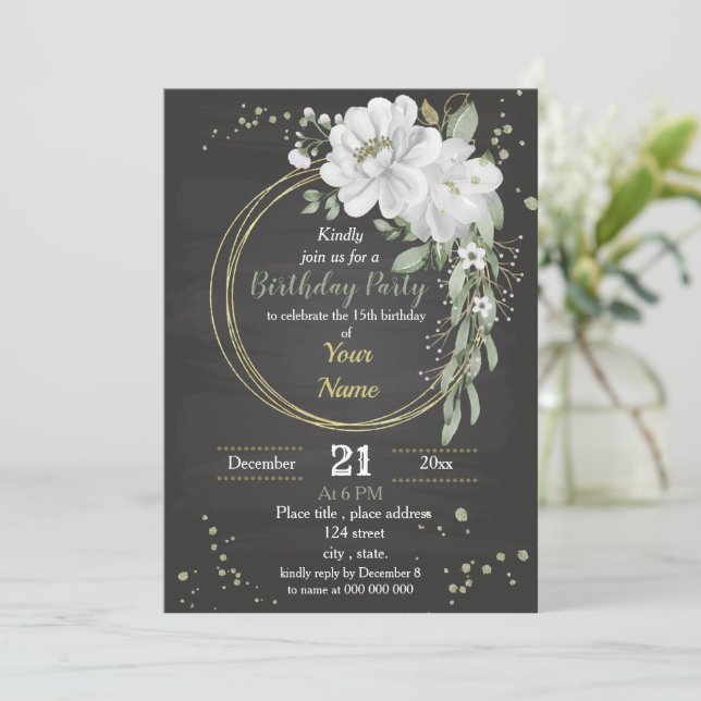 Invitación flores blancas y hojas verdes son cumpleaños (Anverso de pie)