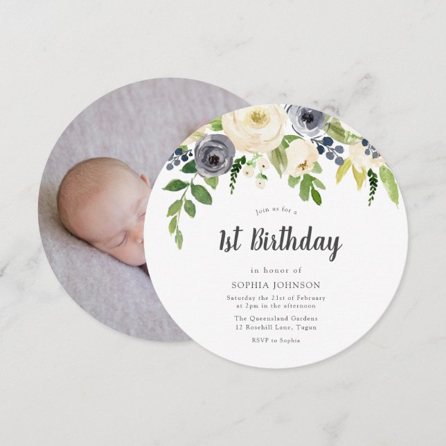 Invitación Flores blancas y marinas foto bebé Fiesta de cumpl (Anverso / Reverso)