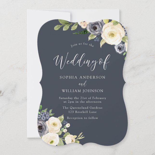 Invitación Flores blancas y marinas, hermosa Boda (Anverso)