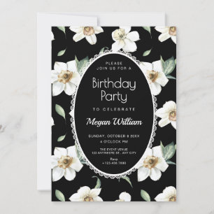 Invitación Flores blancas y negras cumpleaños