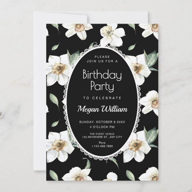 Invitación Flores blancas y negras cumpleaños (Anverso)