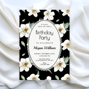Invitación Flores blancas y negras de cumpleaños