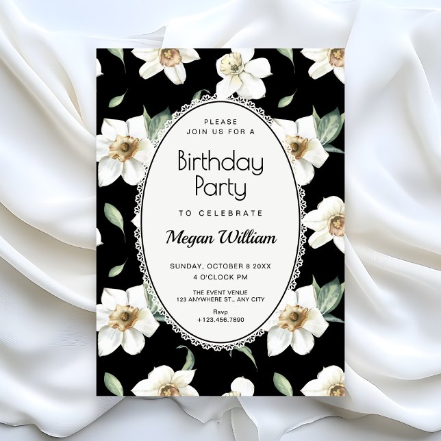 Invitación Flores blancas y negras de cumpleaños (Subido por el creador)