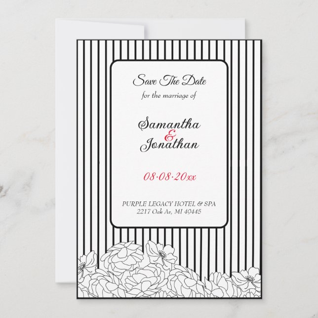 Invitación Flores blancas y negras en franjas salvan la fecha (Anverso)