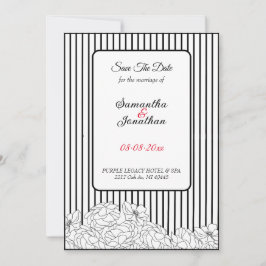 Invitación Flores blancas y negras en franjas salvan la fecha