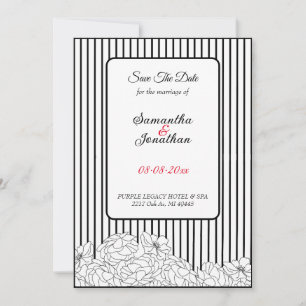 Invitación Flores blancas y negras en franjas salvan la fecha