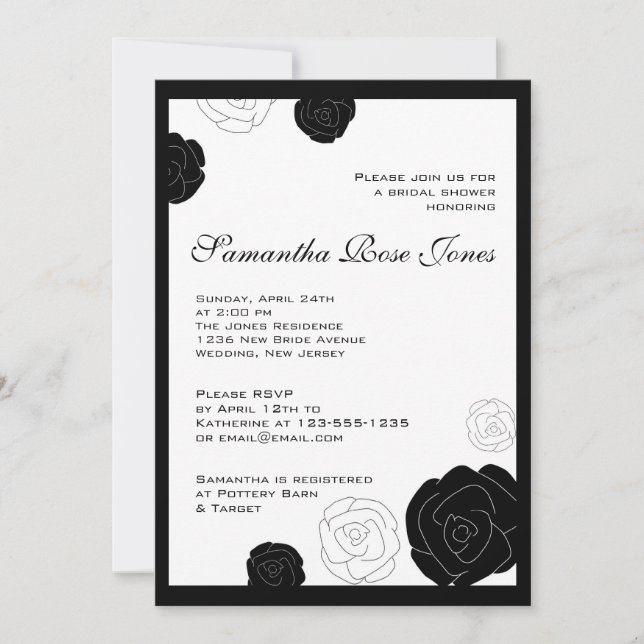 Invitación Flores blancas y negras Rosa (Anverso)