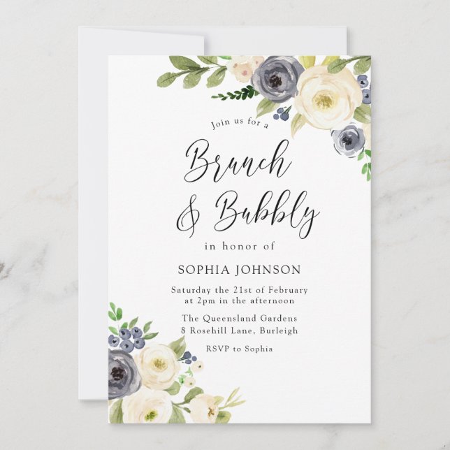 Invitación Flores blancas y nórdicas, ducha de novia con burb (Anverso)