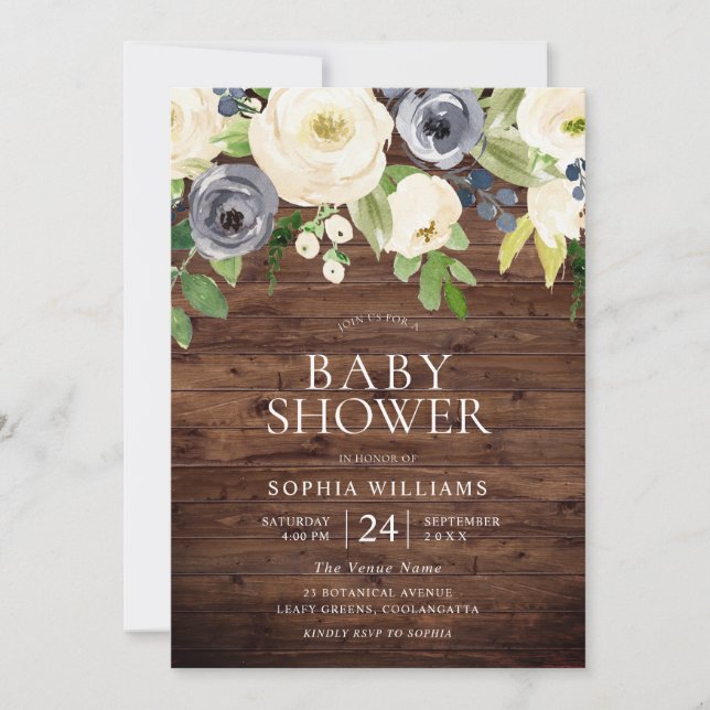 Invitación Flores blancas y nórdicas Rústicas Baby Shower (Anverso)
