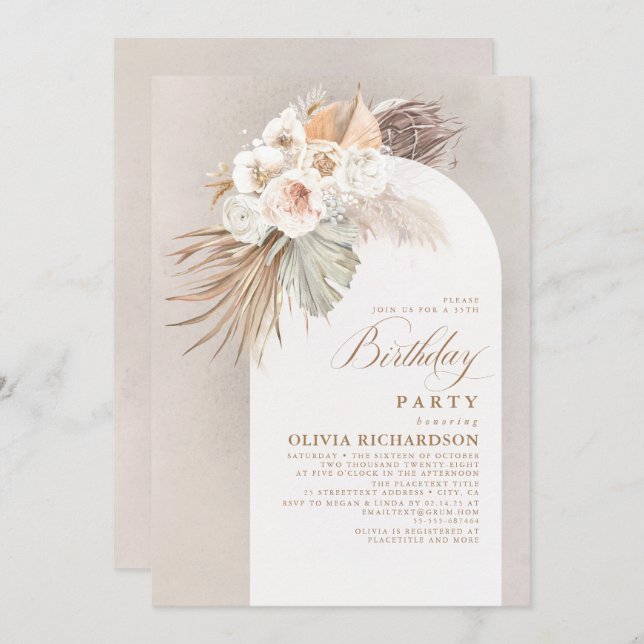 Invitación Flores blancas y pampas cumpleaños de Boho Grass (Anverso / Reverso)