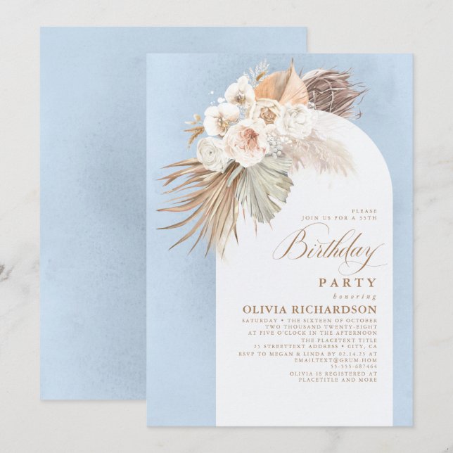 Invitación Flores blancas y pampas cumpleaños de Boho Grass (Anverso / Reverso)
