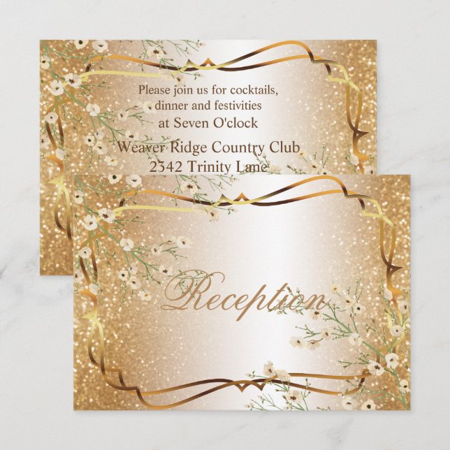 Invitación Flores blancas y purpurina del oro - recepción (Anverso / Reverso)