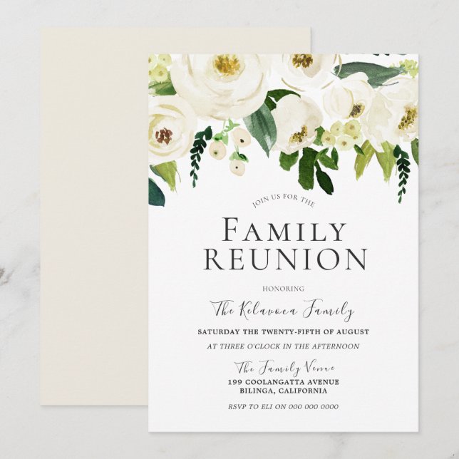 Invitación Flores blancas y reunión familiar crema elegante (Anverso / Reverso)