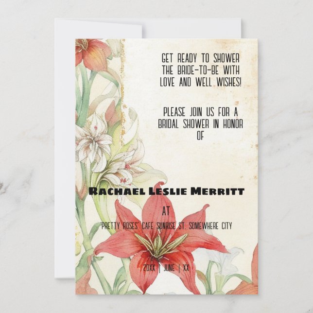 Invitación Flores blancas y rojas Ephemera Ducha de Novias (Anverso)