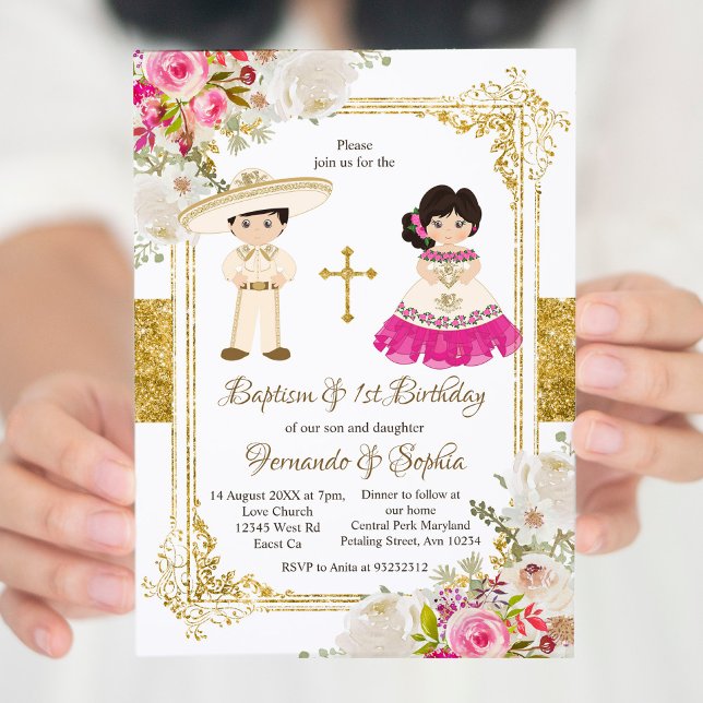 Invitación Flores blancas y rosas bautizo Fiesta Twin (Subido por el creador)